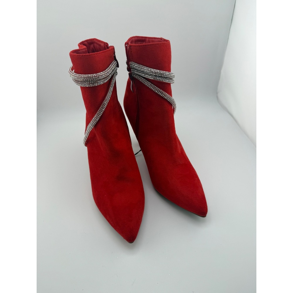 Charlotte Russe Red Faux Suede Rhinestone Wrap Ankle Booties Pointed Toe Heels 8